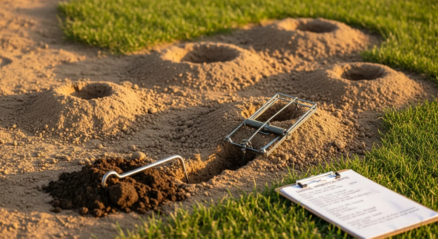 Gopher mound inspection in a residential backyard