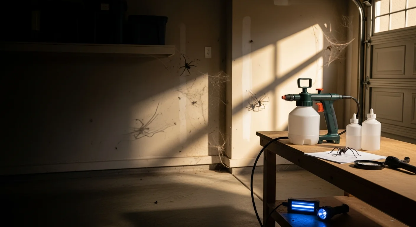 Spider web inspection in a garage corner